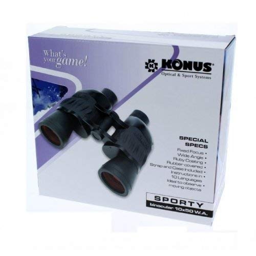 KONUS SPORTY 10x50 Binocolo Gommato Nero con Ottiche Rivestite in Rubino, Messa a Fuoco Costante, con Zoom 10x50
